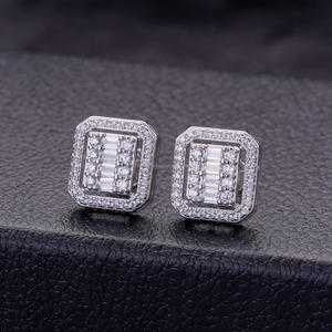 Elegant 925 Sterling Silver VVS Lab Grown <b>Diamond</b> <b>Square</b> <b>Earrings</b> Featuring Baguette Center Stone Design Luxury Jewelry - Product Image 1