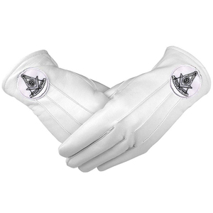 Gants de maître maçon Blue Lodge en coton blanc avec motif carré et boussole argentés, aspect professionnel, matériau de haute qualité - Product Image 1