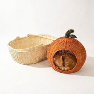 Nichoir pour animaux de compagnie en rotin naturel, design citrouille, lit de couchage pour chat, panier-caverne confortable pour chat, pour la décoration de la maison et des meubles pour animaux. - Product Image 2
