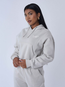 Women's Solid Hooded Tracksuit Set Full Length Cotton Casual Loose Fit Autumn Wear with Side Pockets and Elastic Waist - Product Image 2
