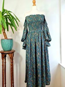 Midi Paisley Verde Esmeralda Floral Mezcla de seda Vestido Colorido Verano Elegante Cómodo Boda - Product Image 3