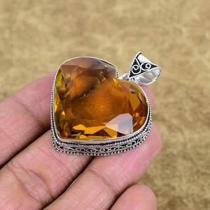 Faceted Citrine Pendant Handmade 925 Sterling Silver Yellow Colour Heart Shape Gemstone Vintage Jewelry - Product Image 1
