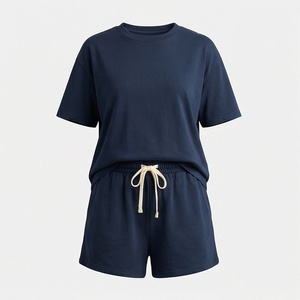 Ensemble 2 pièces décontracté pour femme en coton bleu marine, col rond, manches courtes, coupe ample, couleur unie, printemps-été, au-dessus du genou - Product Image 1