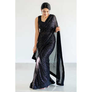 Sari de Diseño FB con Bordado Secuencial en Negro con Ribete, Talla M, para Fiestas y Salidas Nocturnas - Product Image 4