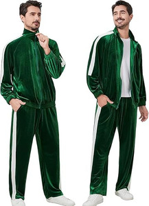 Survêtement décontracté ajusté en velours vert émeraude rétro de luxe avec bandes latérales contrastées, écologique - Product Image 4