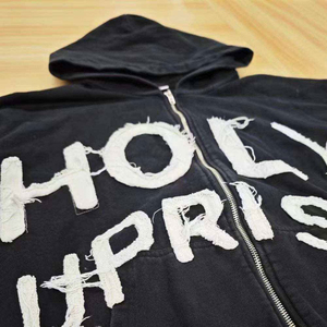 เสื้อฮู้ดซิป Holy Uprise ทรงโอเวอร์ไซส์ สตรีทแวร์ ผู้ชาย ผ้าฝ้ายถัก 100% ปักโลโก้ด้านหน้าด้วยมือ แขนเสื้อปกติ สำหรับฤดูใบไม้ร่วง - Product Image 3
