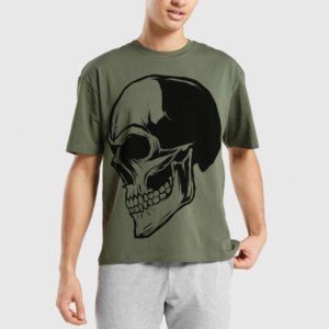 Men's Plus Size Anti-Wrinkle Olive Green <b>Skull</b> Print Short Sleeve O-Neck Streetwear Polyester/Cotton T-Shirt - Product Image 3