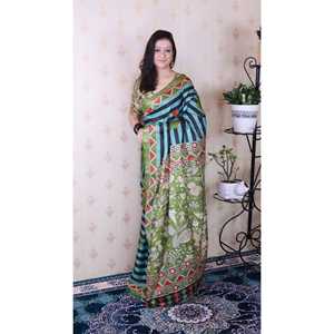 Sari en soie Tussar bleu aqua rayé, imprimé traditionnel, tissé avec des fils Zari, élégant foulard et châle indien - Product Image 3