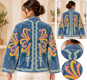 Chaqueta Bomber de Terciopelo con Bordado de Mariposas Hecho a Mano para Mujer, Cuello Alto, Forro de Algodón, Estilo Boho - Product Image 4