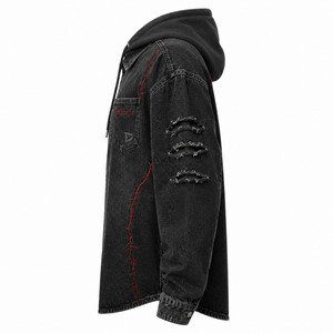 Faded Charcoal Grey Hooded Shacket Slouchy Hip Hop Urbanwear Distressed Jean <b>Shirt</b> With Embroidered Logo - Product Image 5