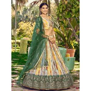 Cautivador blanco y verde impreso digital Chinon Lehenga Choli - Product Image 2