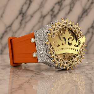 Factory Wholesale Luxury Diamond Watch, Gold Dial, Thorn Bezel, Orange Rubber Band - Product Image 2