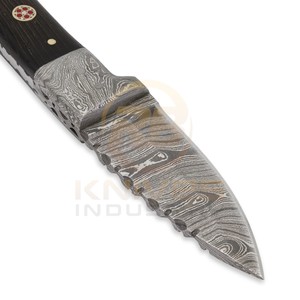 Cuchillo de Caza de Hoja Fija de Acero de Damasco, Punta Caída, Borde Recto, Mango de Madera, Funda de Cuero, Cuchillo para Acampar al Aire Libre - Product Image 3