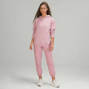 Ensemble de survêtement 2 pièces en coton épais et respirant noir personnalisé pour femme, motif uni, pour l'hiver, avec pantalon de survêtement et sweat à capuche - Product Image 2