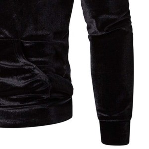Sweat-shirt à capuche en velours noir pour homme, coupe ajustée, décontracté, pour l'hiver, avec poche, couleur unie, tricoté - Product Image 3