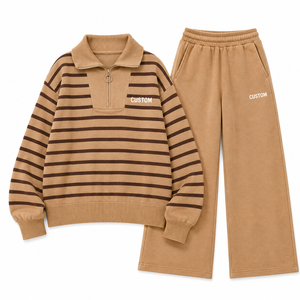 Ensemble de survêtement décontracté pour femme de haute qualité, pull beige rayé à quart de zip et pantalon large, tenue personnalisable avec logo - Product Image 3