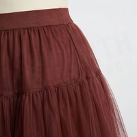 Jupe en tulle bordeaux pour femme, taille élastique, coupe trapèze, longueur genou, à volants, plissée, couleur unie, en organza et mousseline