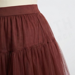 Women's Burgundy Tulle <b>Skirt</b> <b>Elastic</b> <b>Waist</b> A-Line Knee-Length Ruffles Pleated Solid Color Organza Chiffon Dressing <b>Skirt</b> - Product Image 6