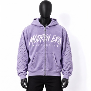 Sudadera con capucha y cremallera completa, color blanco nieve, con pedrería, personalizada, OEM, de forro polar grueso, para ropa urbana con gráficos, fabricación de prendas de vestir. - Product Image 2
