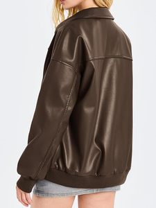 Chaqueta Bomber de Cuero PU para Mujer, Manga Larga, Cuello Camisero, Cierre de Cremallera, Estilo Otoñal, Color Sólido, Material Tejido - Product Image 4