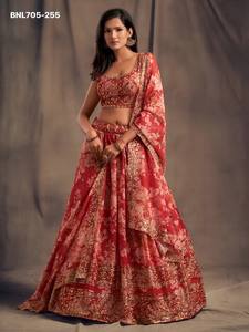 High Quality Organza with Floral Print-<b>Sequin</b>-Zari Embroidered Flared <b>Red</b> Lehenga-Choli Set Woman Fashion Manufacturer - Product Image 6