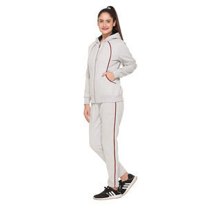 Women's Gray Hooded Tracksuit Set Full Sleeve Zipper Sweatshirt with <b>Side</b> Pockets Casual Solid Color Autumn Wear - Product Image 2