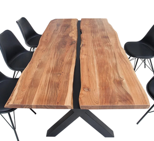 <b>Industrial</b> Furniture Solid Acacia Wooden Live Edge Irregular Shape Top With Center Black Plate Design Metal X Legs Dining <b>Table</b> - Product Image 3
