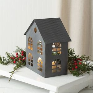 Lanterne porte-bougie rustique en métal gris, style ferme, finition zinc, pour décoration de maison de campagne - Product Image 1