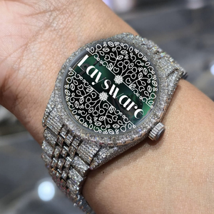 Antique Luxury Moissanite Diamond Analog <b>Watch</b> with Green Sunburst Glass Dial Stainless Steel Iced Out <b>Skeleton</b> Design <b>Watch</b> - Product Image 1