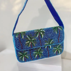 Beaded Palm Tree Shoulder Bag Bohemian Style Single Strap Zipper Closure Blue Women's <b>Handbag</b> <b>Summer</b> Daily Use - Product Image 1