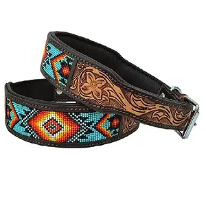 Fancy Beaded Leather Dog Collar Multifunctional & Lightweight with soft padded foldable Carving Custom personalized pet supplies