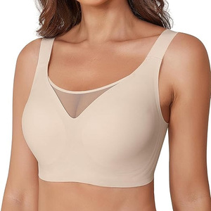Soutien-gorge de sport sans couture pour femme, col en V, avec panneau transparent, bretelles spaghetti, maintien moyen, haut de yoga, couleur unie beige - Product Image 1