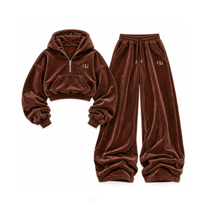 Custom Made <b>Velour</b> Co Ord <b>Women</b> Chocolate Brown Half Zip Cropped Hoodies <b>Tracksuit</b> Wide Leg Flared Sweatpants Velvet Lounge Wear - Product Image 4