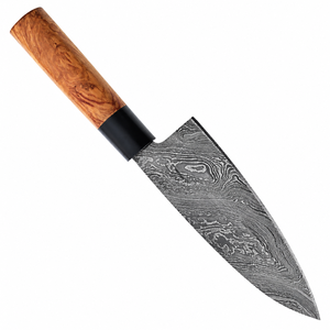 Cuchillo de Chef con Mango de Madera Color Ámbar y Patrón Damasco, con Virola Negra y Hoja Ancha Gris Plateado para Cortar Alimentos en la Cocina - Product Image 5