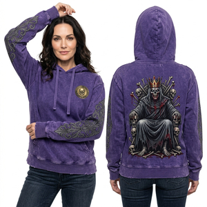 Sweat à capuche violet délavé de qualité supérieure pour femme, avec imprimé squelette royal au dos, style gothique, motif trône, vêtement graphique de luxe - Product Image 1
