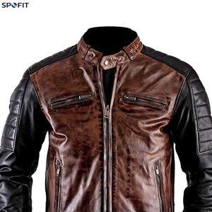 Veste de moto en cuir noir lavé pour homme, style vintage Cafe Racer, avec bandes de course orange, en cuir de vachette véritable - Product Image 4