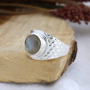Natural Labradorite Hammered Band <b>Ring</b> 925 Sterling Silver Handmade Bezel <b>Set</b> Round Gemstone <b>Ring</b> for <b>Men</b> & Women - Product Image 3