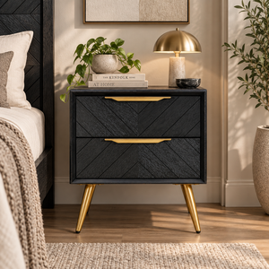 Modern <b>Wooden</b> <b>Bedside</b> <b>Table</b> With Chevron Pattern Drawer, Compact Nightstand For Bedroom Furniture <b>And</b> Contemporary Home Decor - Product Image 2