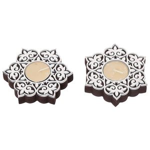 White Brown Wooden Floral <b>Printing</b> Block Decorative Tea Light Candle Holders, Diya <b>Stands</b> | Tea Light Holders | Christmas Diwali - Product Image 3
