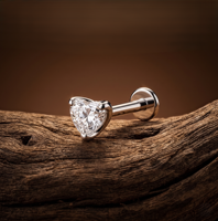 Piercing de nez en diamant de laboratoire taille cœur, or massif 14 carats, sertissage griffe, romantique, unisexe, bijou fin