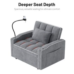 Fauteuil-lit en velours côtelé avec oreiller, porte-gobelet en acier inoxydable brossé, support pour téléphone et port de charge USB - Product Image 4