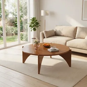 Modern Round Walnut <b>Coffee</b> <b>Table</b> with Curved Tapered <b>Legs</b> <b>for</b> Living Room Lounge and Contemporary Decor Furniture Design - Product Image 5
