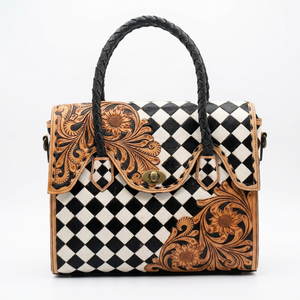 2026 New Arrival High Women's 100% Genuine <b>Leather</b> Tote Bag Floral <b>Tooled</b> Pattern Vintage Style Checkered Design All Seasons Use - Product Image 1