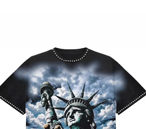 T-shirt imprimé graphique en jersey 100% coton avec strass personnalisés, style vintage tendance, manches courtes, unisexe - Product Image 3
