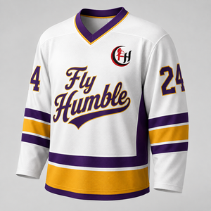 เสื้อฮอกกี้น้ำแข็งผู้ชาย Fly Humble สีขาว สำหรับทีมโกลด์ 10 พิมพ์ลายดิจิตอล โพลีเอสเตอร์ แห้งเร็ว สายปรับได้ แขนยาว ทรงปกติ - Product Image 1