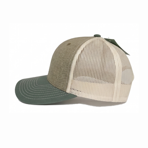 Gorra Trucker Personalizada al por Mayor de 6 Paneles con Visera Curva, Mezcla de Algodón Gris, Parte Trasera de Malla Beige, Visera Verde Oliva, Cierre Snapback - Product Image 2