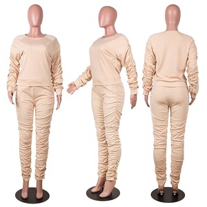 Conjunto Deportivo de 2 Piezas para Mujer, Color Gris, con Detalles Fruncidos, Manga Larga, Cuello Redondo, Estilo Casual, Tejido Elástico de Spandex y Poliéster - Product Image 2