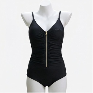 North Approach Women's Black One-Piece Swimsuit Deep V Neck Ruched Zipper Front High Waist <b>Tummy</b> <b>Control</b> Shapewear - Product Image 1