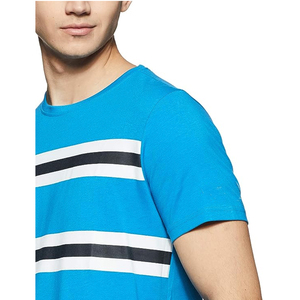 T-shirt rayé à manches courtes pour homme, col rond, coupe classique, haut tricoté décontracté, pantalon bleu et blanc, baskets - Product Image 4