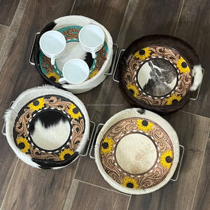 Handmade Western Tooled Leather Cowhide Serving Tray with Sunflower Floral Design and Metal Handles for Home Decor & Gifts - Product Image 4
